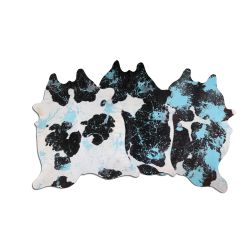 LG/XL Brazilian Aqua Splatter Distressed Black / White cowhide rugs. Measures approx. 42.5-50 square feet